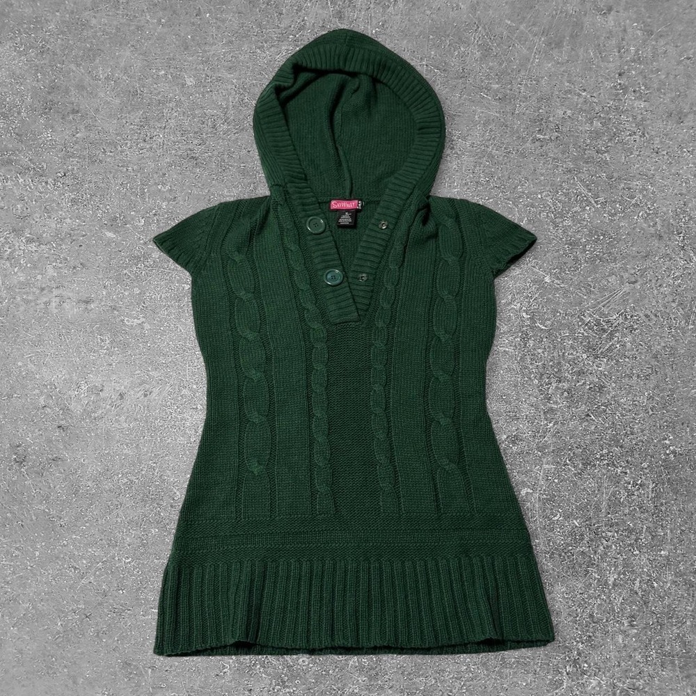 SayWhat? Green Cable Knit Hooded Sweater Vest Short Sleeve V-Neck Y2K Medium